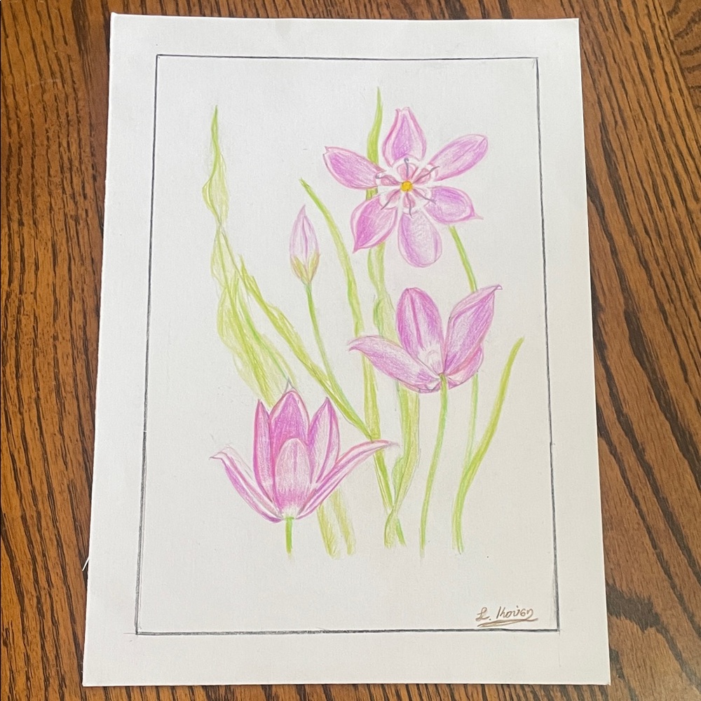Original Floral Art with Pink and Green Accents Signed By Artist L Kousy - Picture 7 of 9